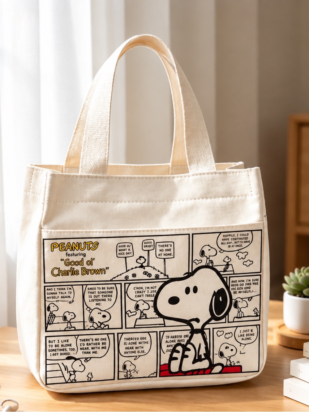 Canvas Snoopy Hand Bag in Cream Color - Peanuts Woodstock Purse